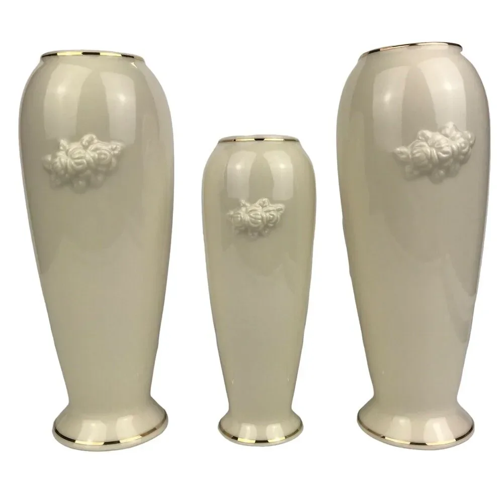 Lenox Rose Blossom Vases Ivory Porcelain 24k Gold Trim 5.75'' 7.5'' Set of 3 EUC